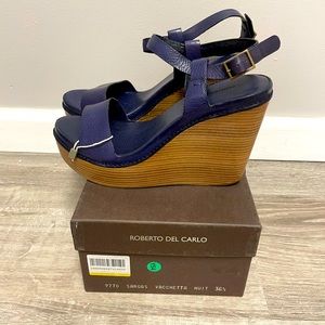 NIB Roberto Del Carlo Blue Wedge Sandals size 39